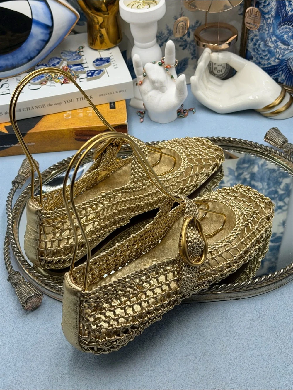 🆕 CULT GAIA 🧿 NWOB Gina Woven Leather Mary Jane Flats, Gold - Sz 37.5 US 7.5